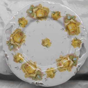 Antique RS Prussia Open Handle CAKE PLATE --Yellow Cabbage Roses